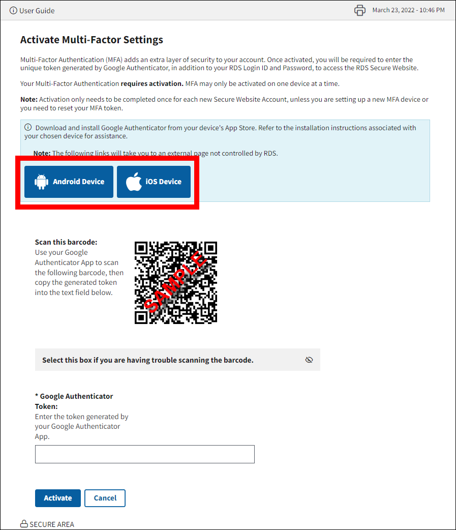 Activate Multi-Factor Settings page with sample QR code. Android and IOS Device buttons are highlighted.