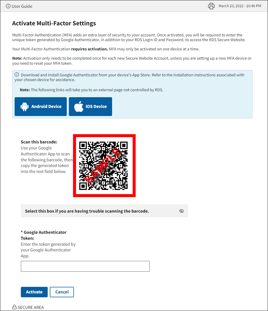Activate Multi-Factor Settings page with sample QR code highlighted.