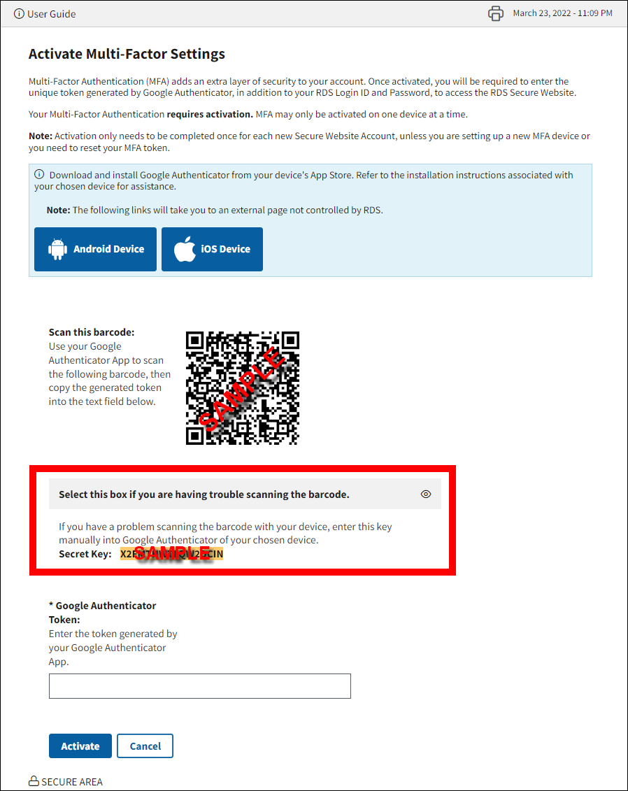 Activate Multi-Factor Settings page with sample QR code. Sample Secret Key data is highlighted.