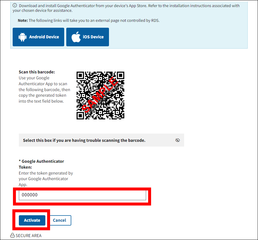 Activate Multi-Factor Settings page with sample QR code and form data. Form field and Activate button are highlighted.