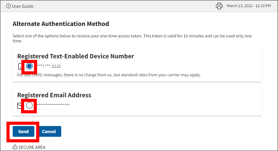 Alternate Authentication Method page with sample data. Radio buttons and Send button are highlighted.