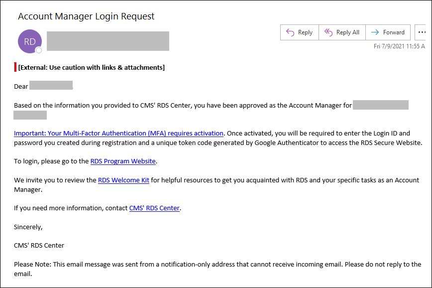 Sample user account confirmation email with MFA Activation link.