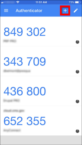 Google Authenticator mobile app with sample token data displayed. Plus sign button is highlighted.