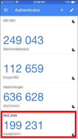 Google Authenticator mobile app with sample token data displayed. Sample RDS_SWS token is highlighted.