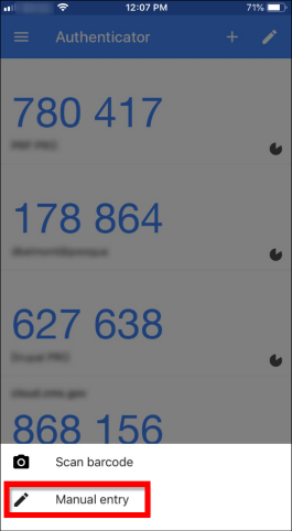 Google Authenticator mobile app with sample token data displayed. Manual Entry button is highlighted.