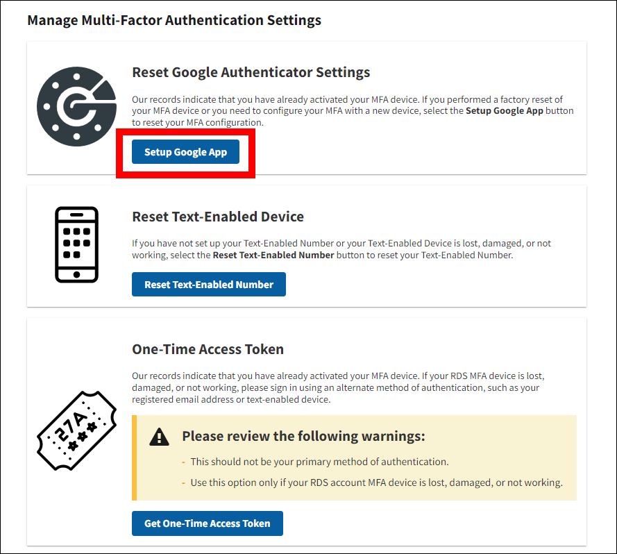 Manage Multi-Factor Authentication Settings page. Setup Google App button is highlighted.