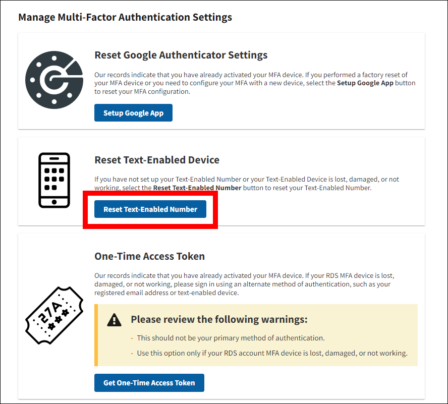 Manage Multi-Factor Authentication Settings page with Reset Text-Enabled Number button highlighted.