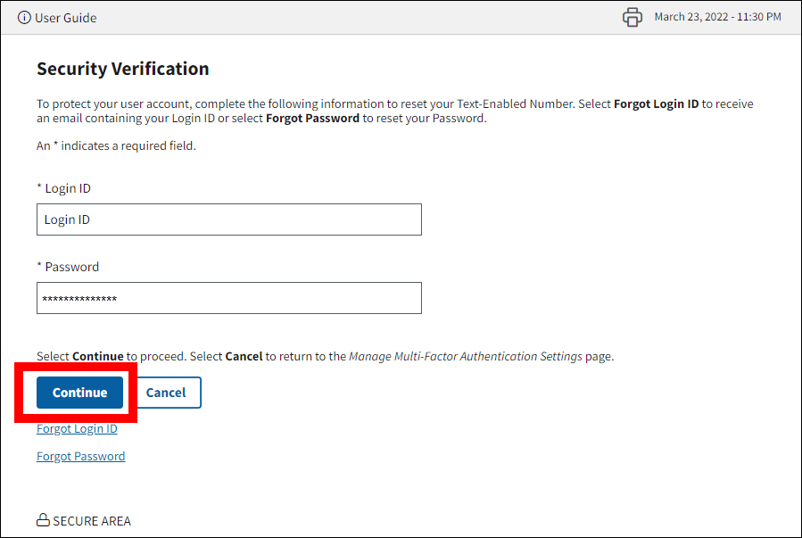 Security Verification page with sample form data. Continue button is highlighted.