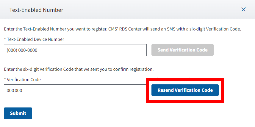 Text-Enabled Number pop-up with sample form data. Resend Verification Code button is highlighted.