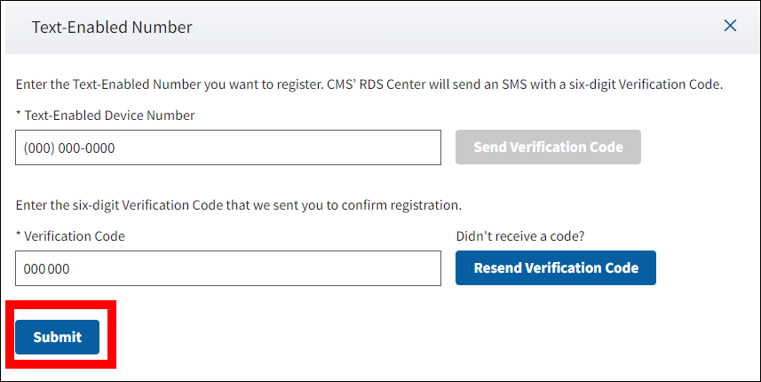 Text-Enabled Number pop-up with sample form data. Submit button is highlighted.