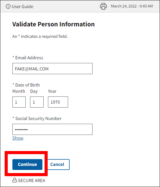 Validate Person Information page with sample form data. Continue button is highlighted.