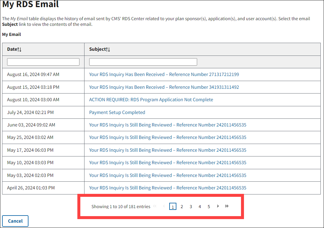 My RDS Email page with sample data. Page navigation controls are highlighted below My Email table.