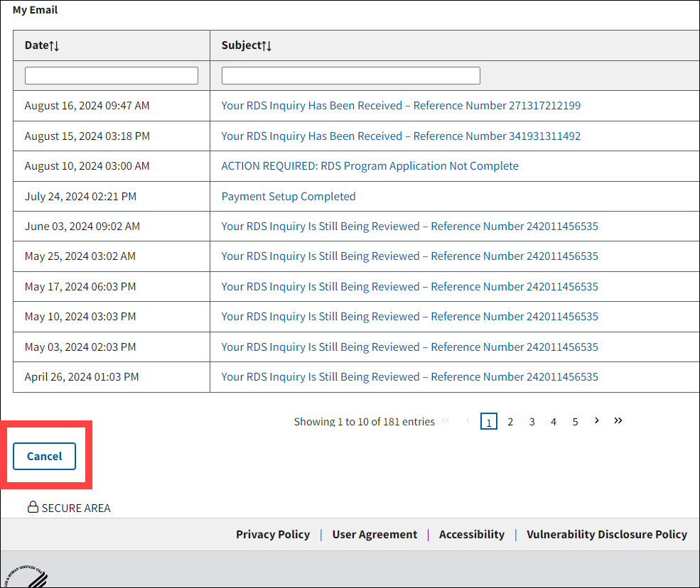 My RDS Email page with sample data. Cancel button is highlighted below My Email table.