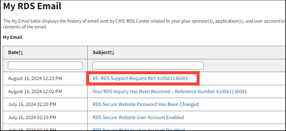 My RDS Email page with sample data. Subject line for example email is highlighted in first row of My Email table.