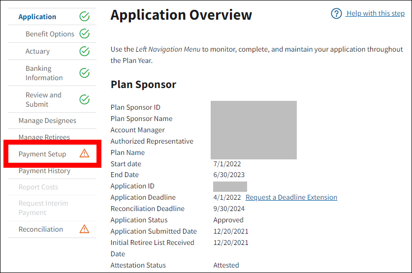 Application Overview page with sample data. Payment Setup is highlighted in left nav.