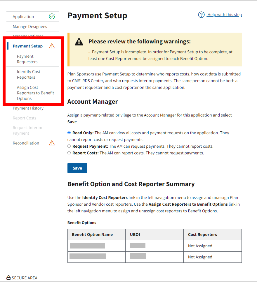 Payment Setup page with sample data. All Payment Setup steps in left nav are highlighted.
