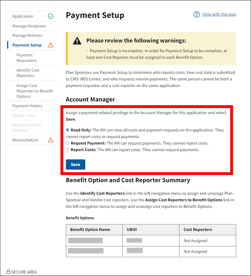 Payment Setup page with sample data. Account Manager section is highlighted.