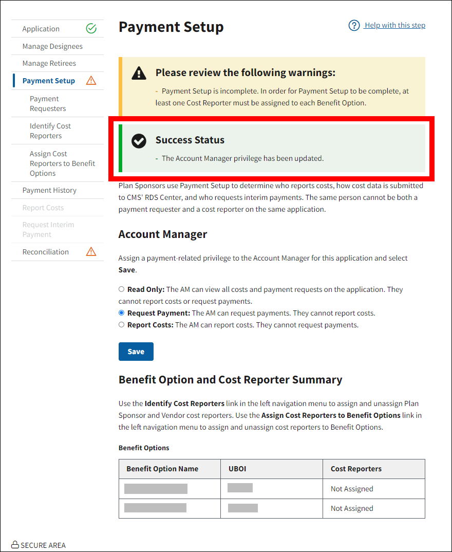 Payment Setup page with sample data. Success message is highlighted.