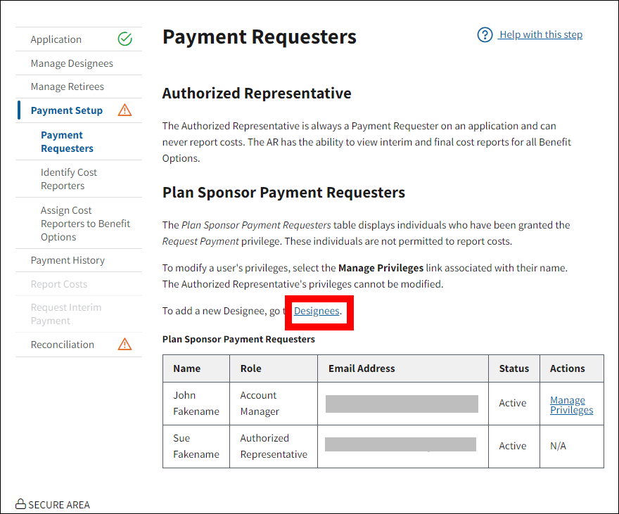 Payment Requesters page with sample data. Designees link is highlighted.