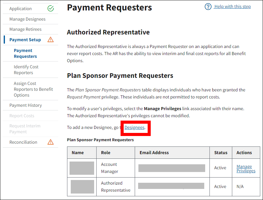 Payment Requesters page with sample data. Designees link is highlighted.