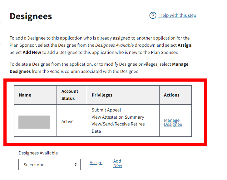 Designees page with sample data. Designees table is highlighted.