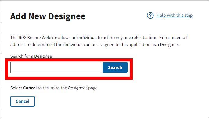 Add New Designee page with Search for a Designee section highlighted.
