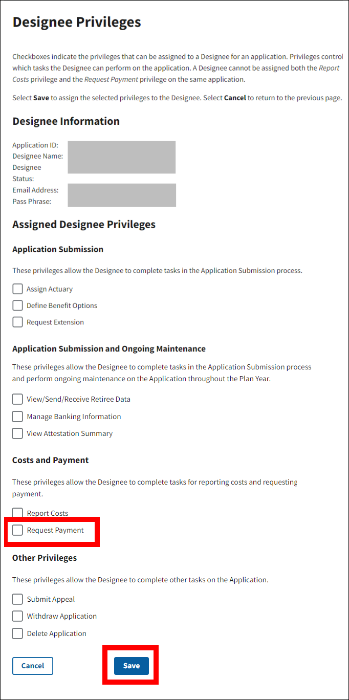 Designee Privileges page with Request Payment checkbox and Save button highlighted.
