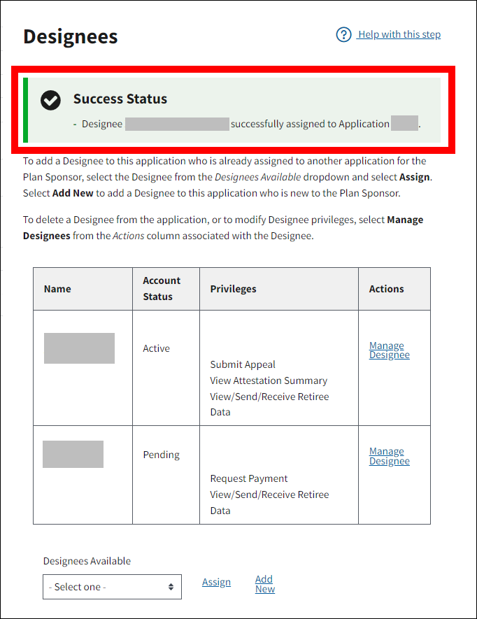 Designees page with sample data. Success message is highlighted.