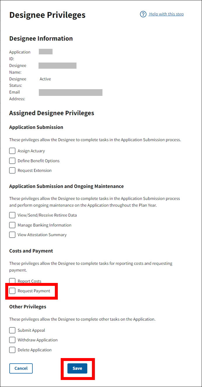 Designee Privileges page with sample data. Request Payment checkbox and Save button are highlighted.