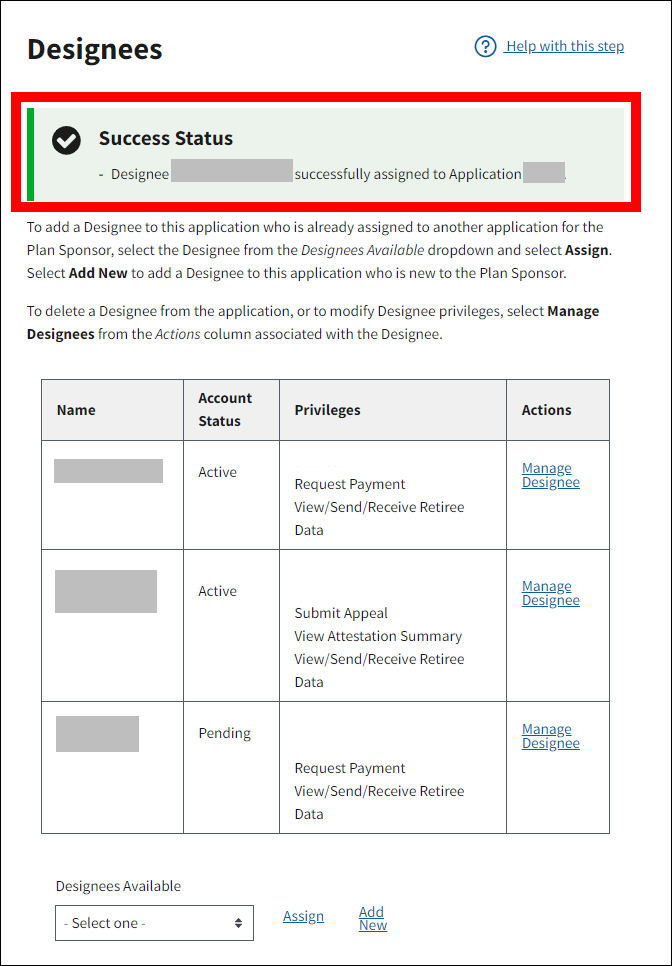 Designees page with sample data. Success message is highlighted.