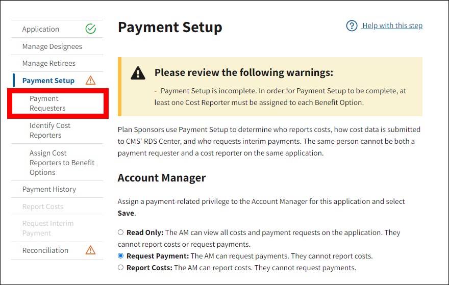 Payment Setup page with sample data. Payment Requesters is highlighted in left nav.