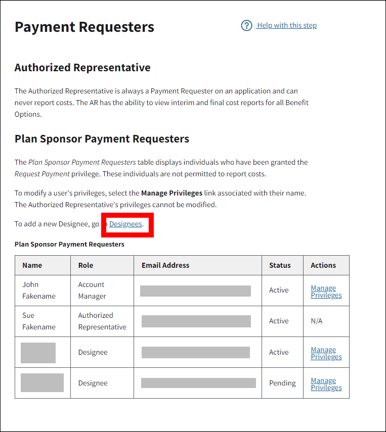 Payment Requesters page with sample data. Designees link is highlighted.