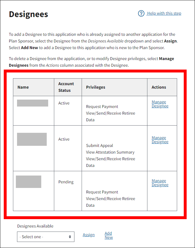 Designees page with sample data. Designees table is highlighted.