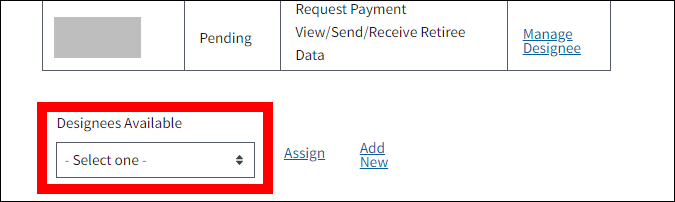 Designees page with sample data. Designees Available dropdown is highlighted.