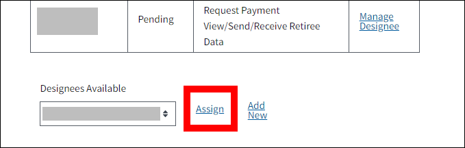 Designees page with sample data. Assign link is highlighted.