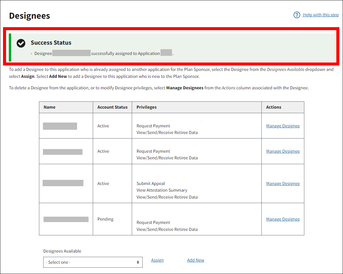 Designees page with sample data. Success message is highlighted.