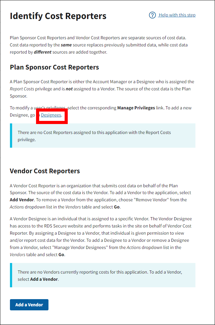 Identify Cost Reporters page with Designees link highlighted.