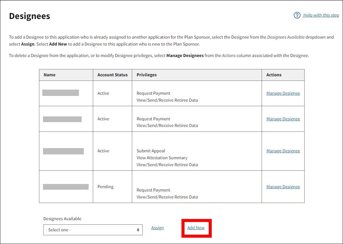 Designees page with sample data. Add New link is highlighted.