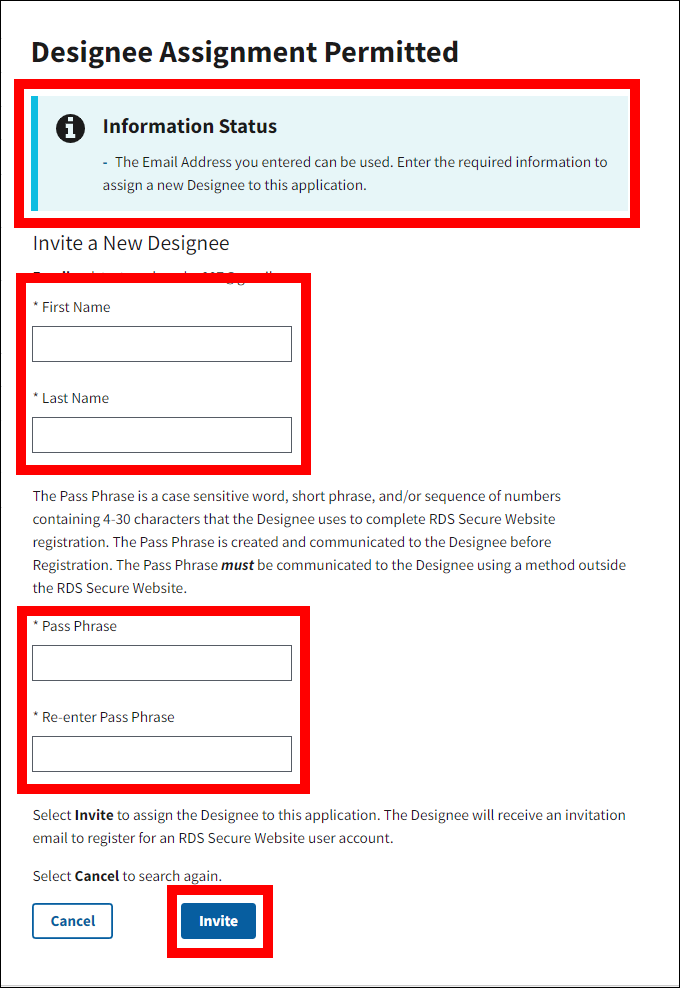 Add New Designee page with Designee Not Found message, form fields, and Invite button highlighted.