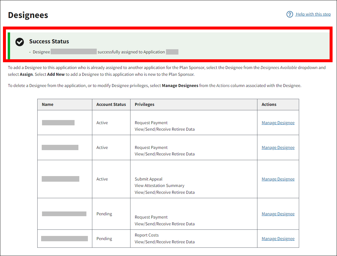 Designees page with sample data. Success message is highlighted.