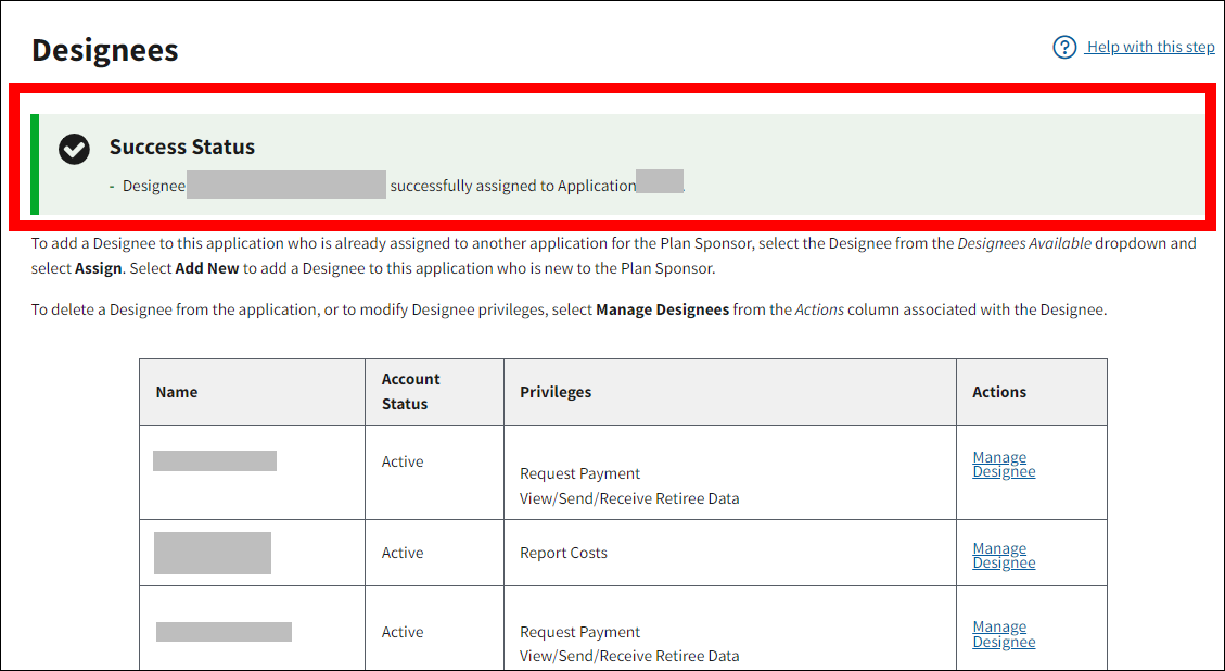 Designees page with sample data. Success message is highlighted.