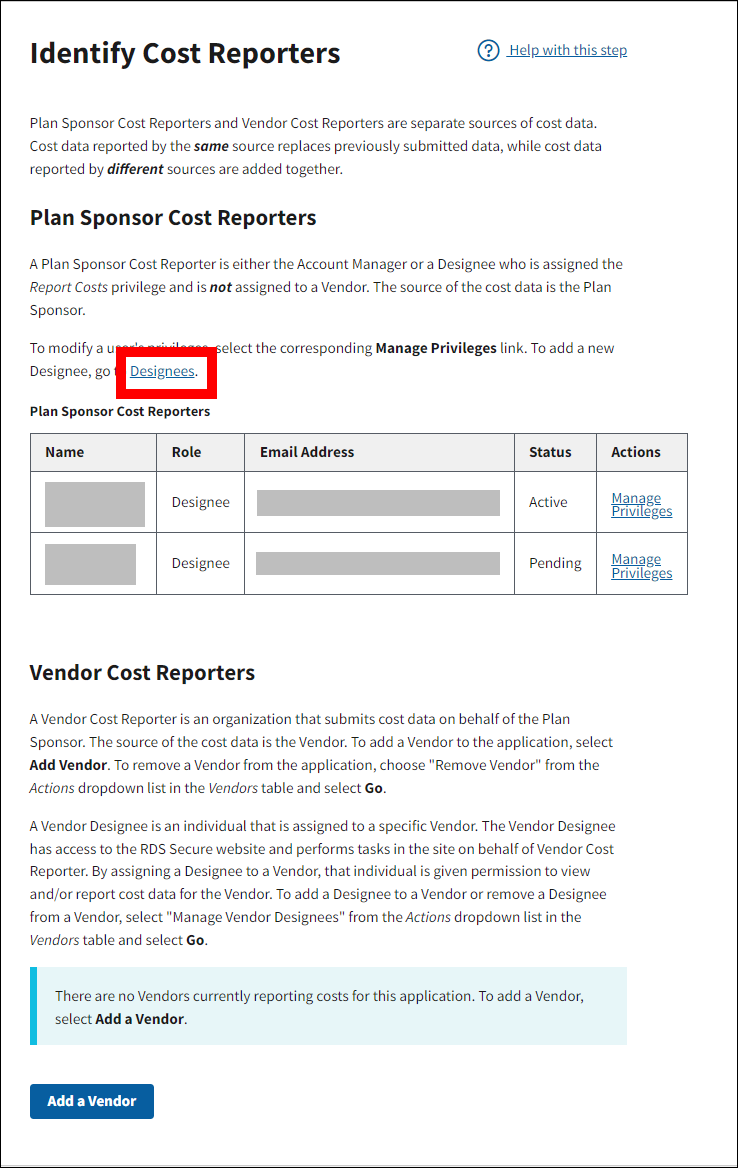 Identify Cost Reporters page with sample data. Designees link is highlighted.