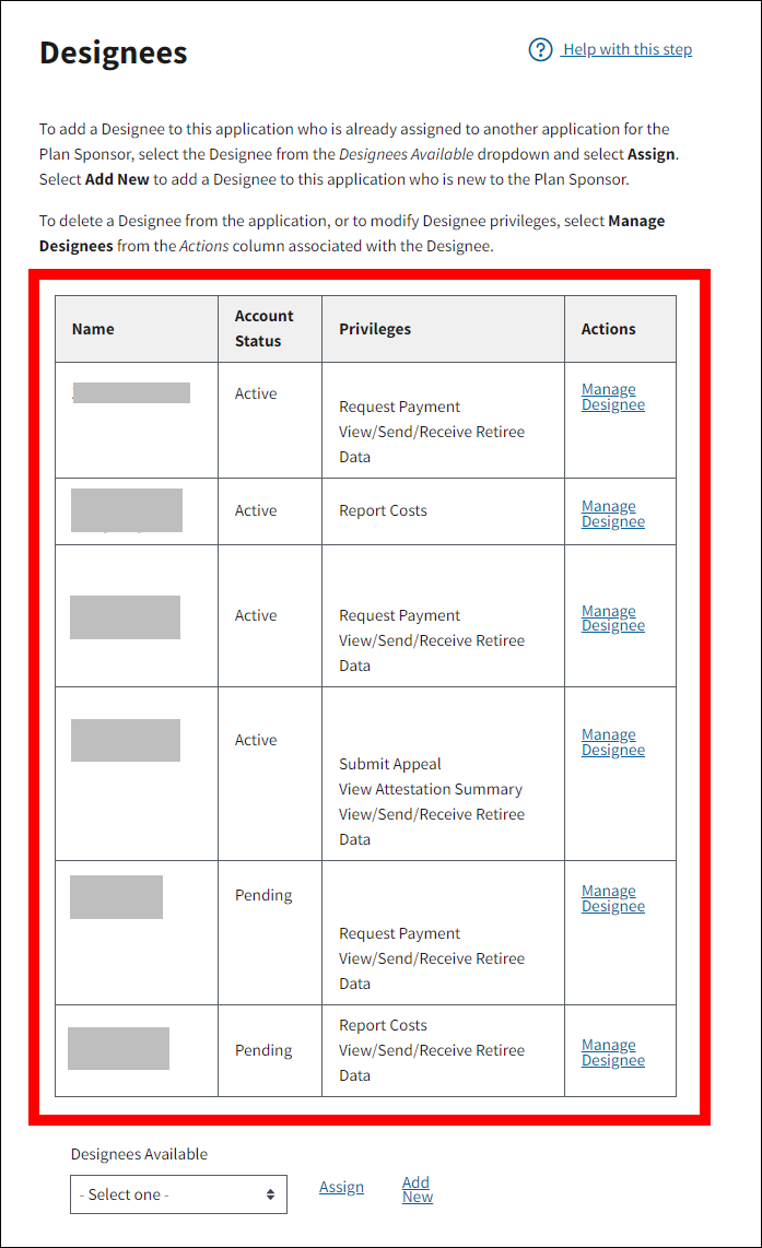 Designees page with sample data. Designees table is highlighted.