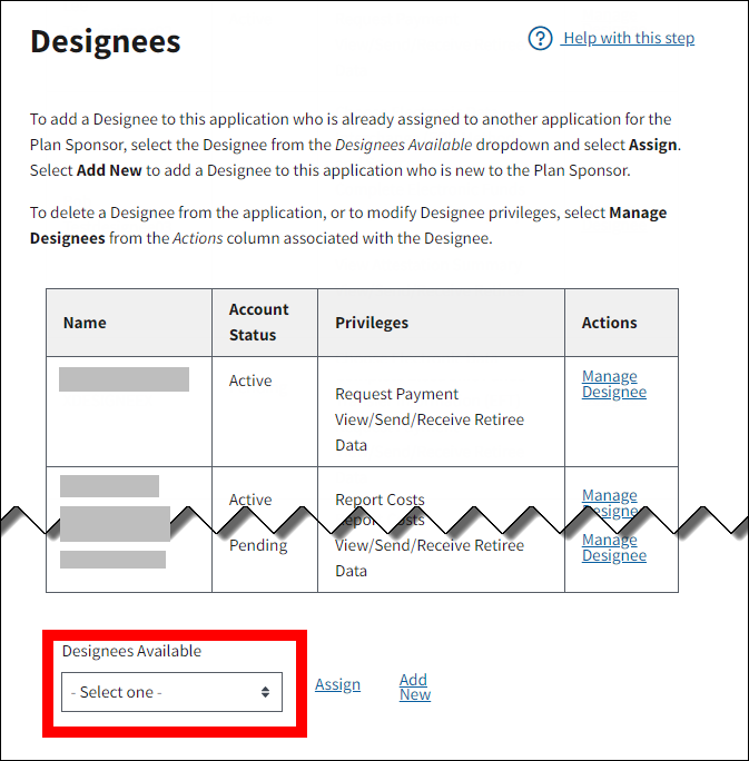 Designees page with sample data. Designees Available dropdown is highlighted.
