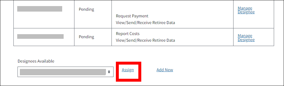 Designees page with sample data. Assign link is highlighted.