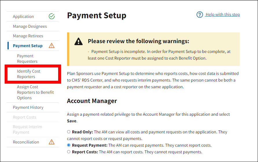 Payment Setup page with sample data. Identify Cost Reporters is highlighted in left nav.