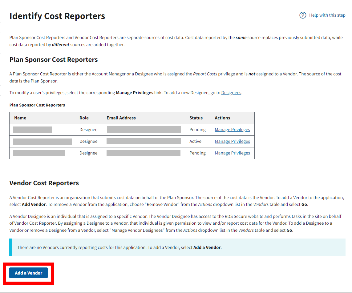 Identify Cost Reporters page with sample data. Add a Vendor button is highlighted.
