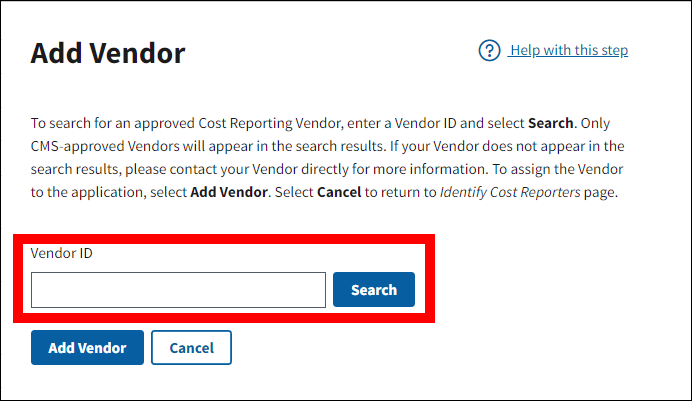 Add Vendor page with Vendor ID section highlighted.