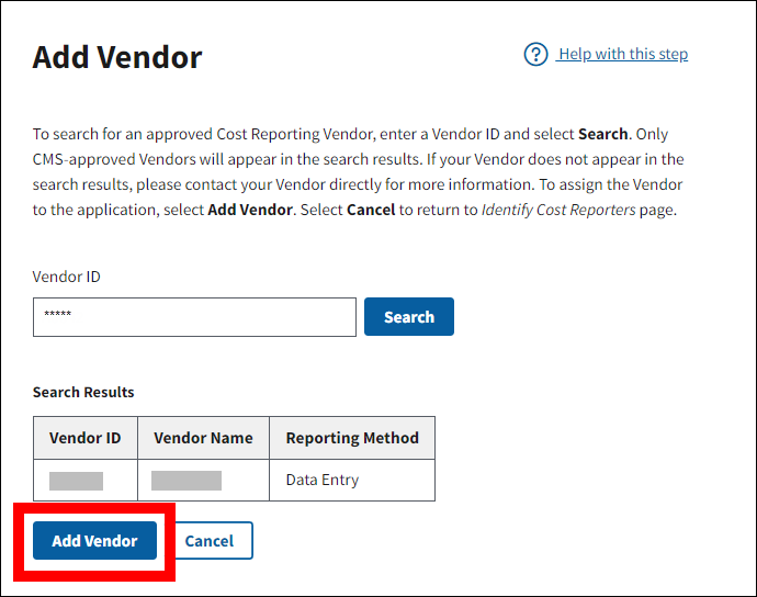 Add Vendor page with sample data. Add Vendor button is highlighted.