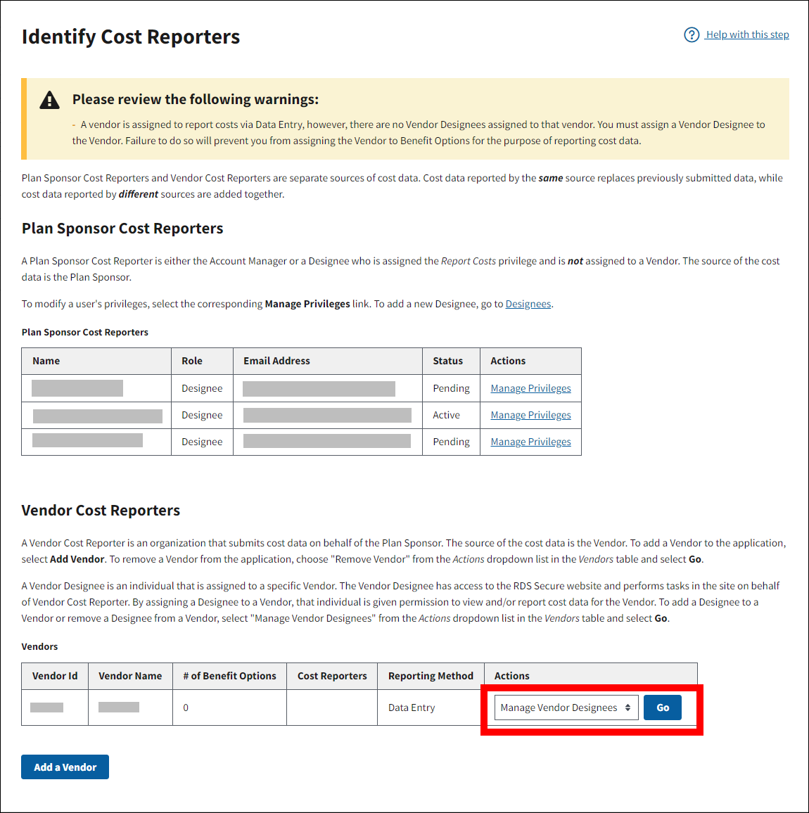 Identify Cost Reporters page with sample data. Actions is highlighted in Vendors table.